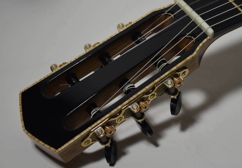 Ebonized headstock highlighted with flame maple binding