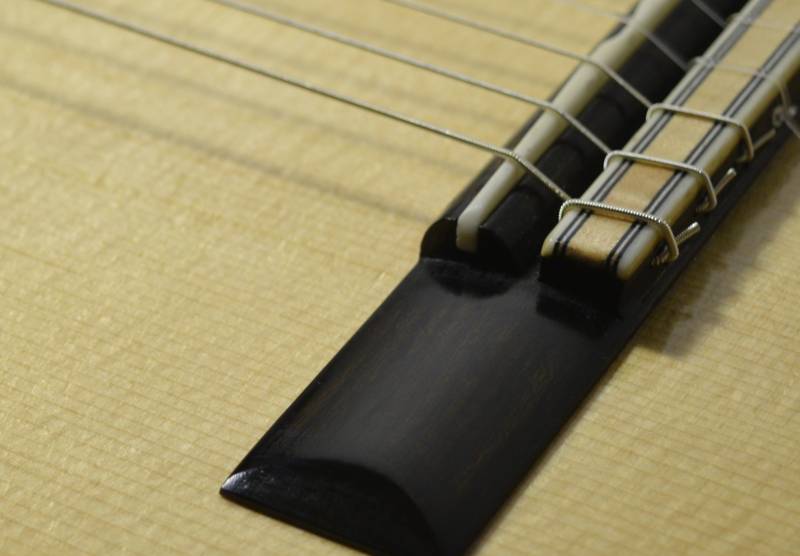 The bridge is ebonized osage orange. It's weight and elasticity make it a fabulous bridge wood.